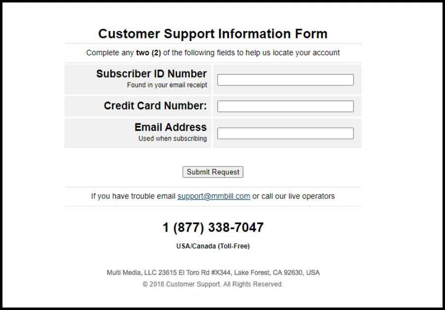 mmbill Customer Support Information Form